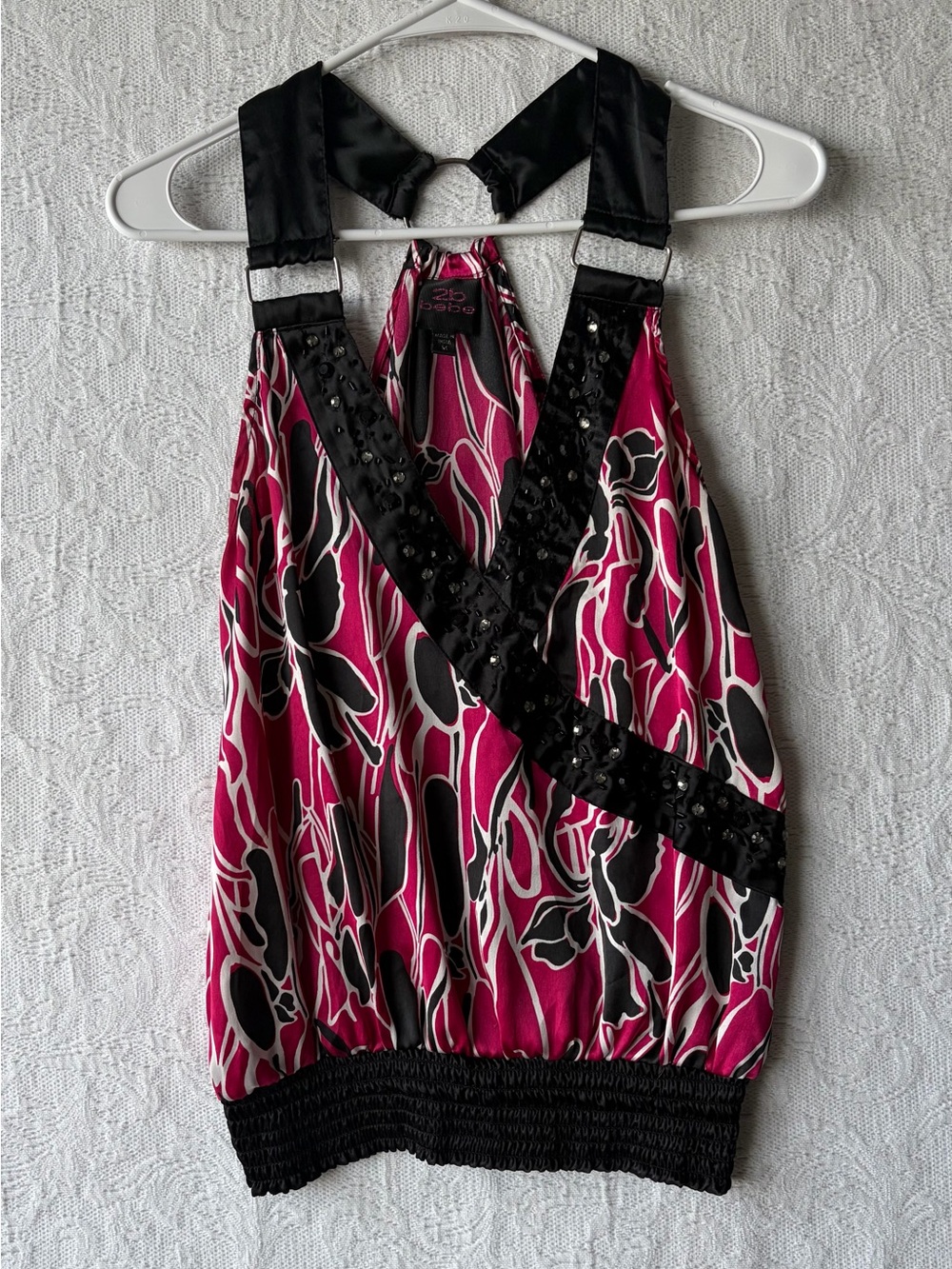Bebe Women’s Pink and Black Studded Halter Floral Tank Top Medium Y2K